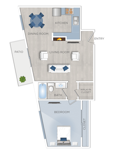 Floor plan for 1 bed, 1 bath, 770 sqft